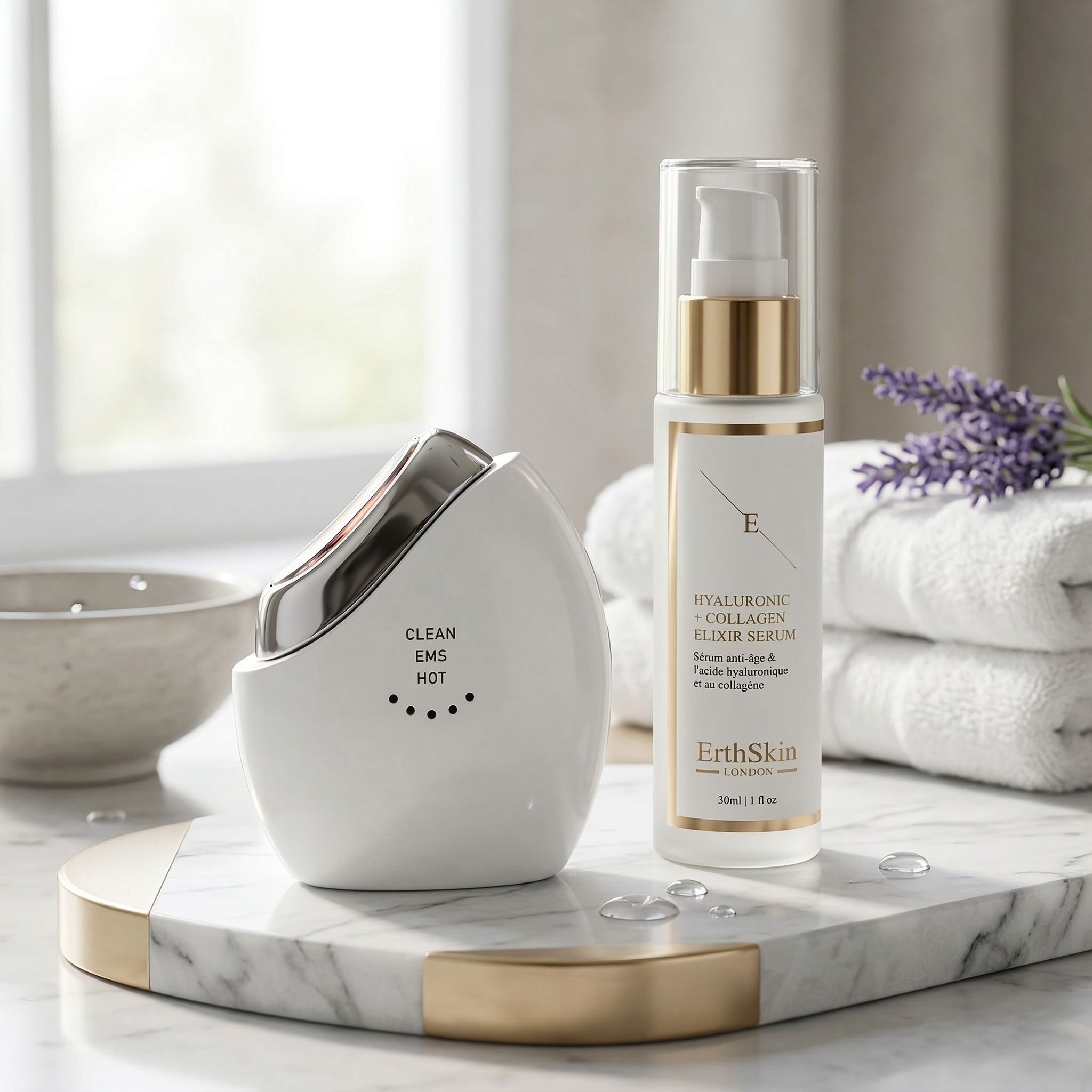 Set benessere con scultore EMS bianco e flacone di siero all'acido ialuronico su vassoio di marmo con asciugamani e lavanda.