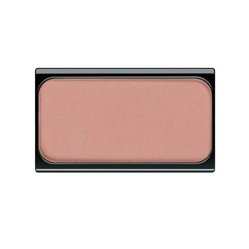 Cipria compatta rosa in un astuccio rettangolare nero. Superficie liscia.