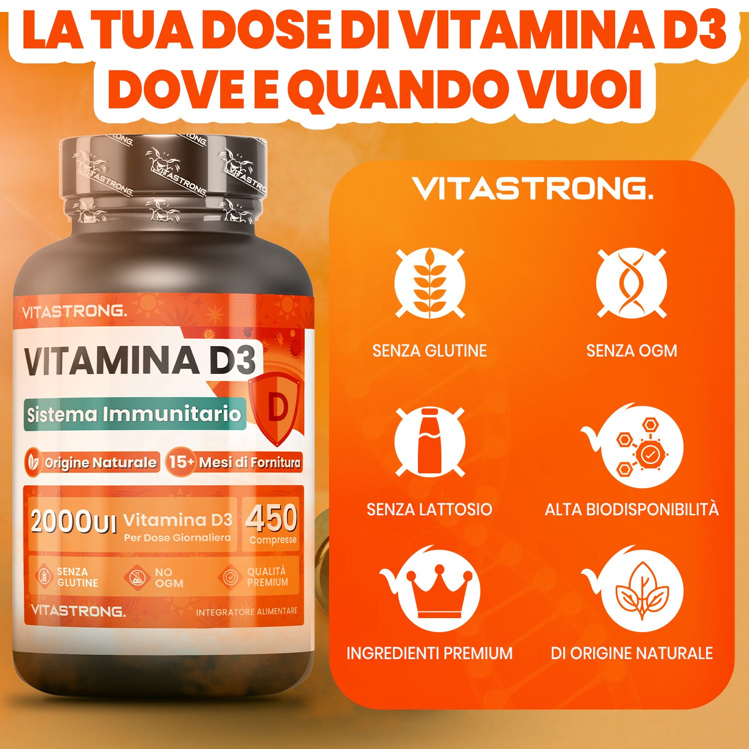 Flacone di vitamina D3 con simboli senza glutine, senza OGM, senza lattosio, ingredienti premium e origine naturale.