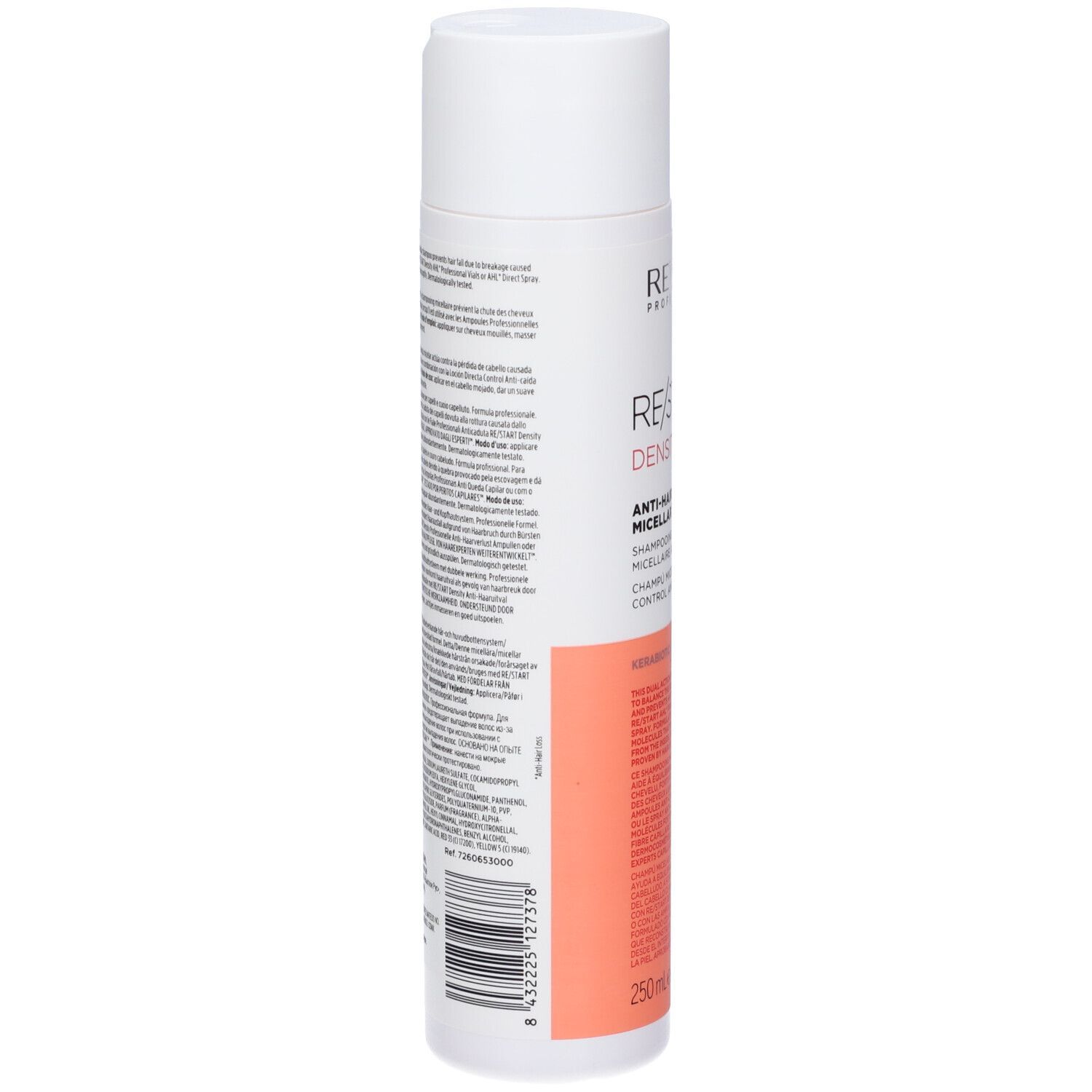 Flacone bianco-rosa. Scritta: RE/START DENSITY, Shampoo micellare anticaduta. Testo sul retro.