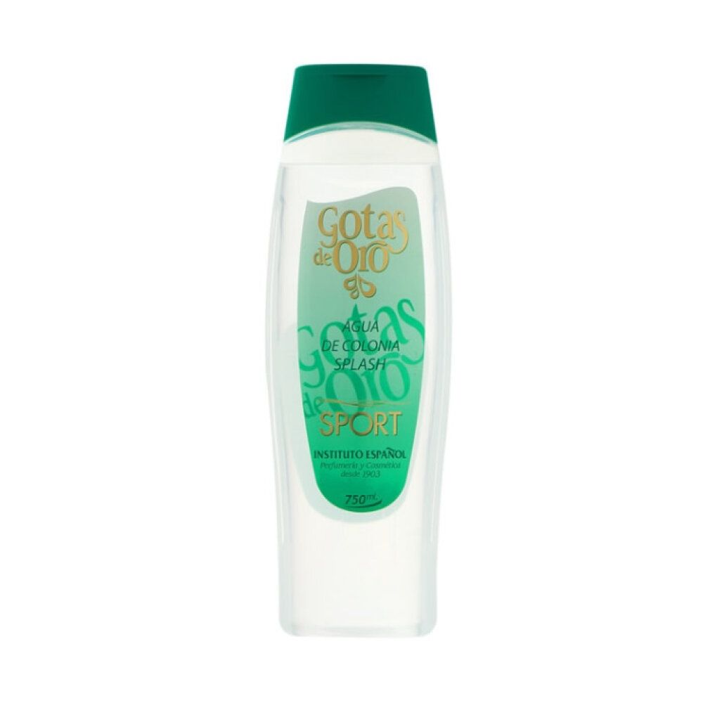 Flacone trasparente con tappo verde. Scritta: Gocce d'Oro Sport. Etichetta verde-oro con testo. 250 ml.