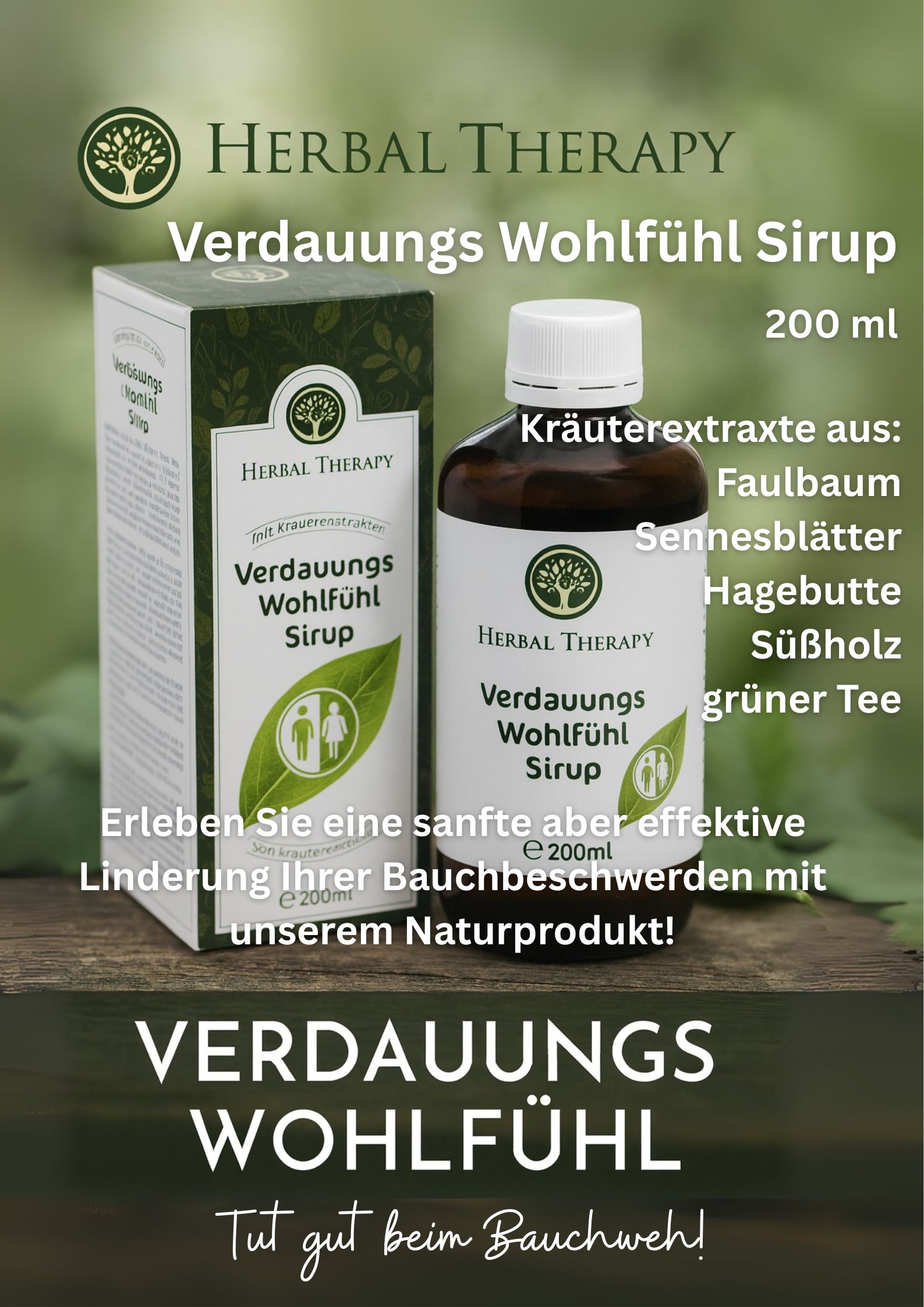 Immagine pubblicitaria con bottiglia e confezione. Scritta: Herbal Therapy Verdauungs Wohlfühl Sirup. Elenco ingredienti. Testo in tedesco.