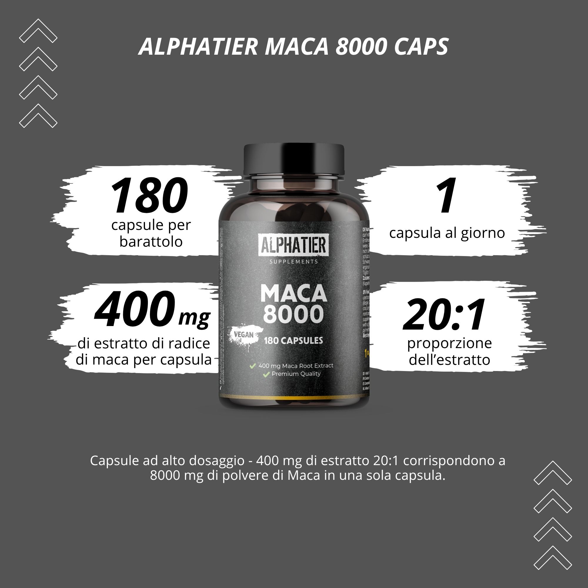 Flacone nero Alphatier Maca 8000. 180 capsule per dose. 1 capsula al giorno. 400mg estratto di maca per capsula. Estratto 20:1.