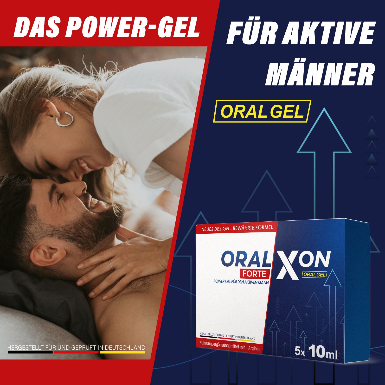 Immagine pubblicitaria con coppia. Scatola "Oralxon Forte" sullo sfondo. Testo: "Il gel energetico per uomini attivi". Contiene 5 x 10 ml.