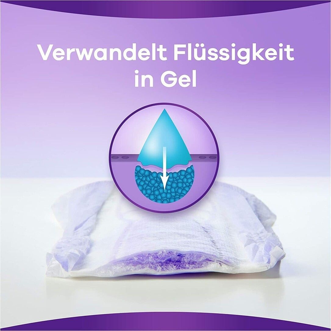 Assorbente Always Discreet con goccia. Testo: Trasforma il liquido in gel.