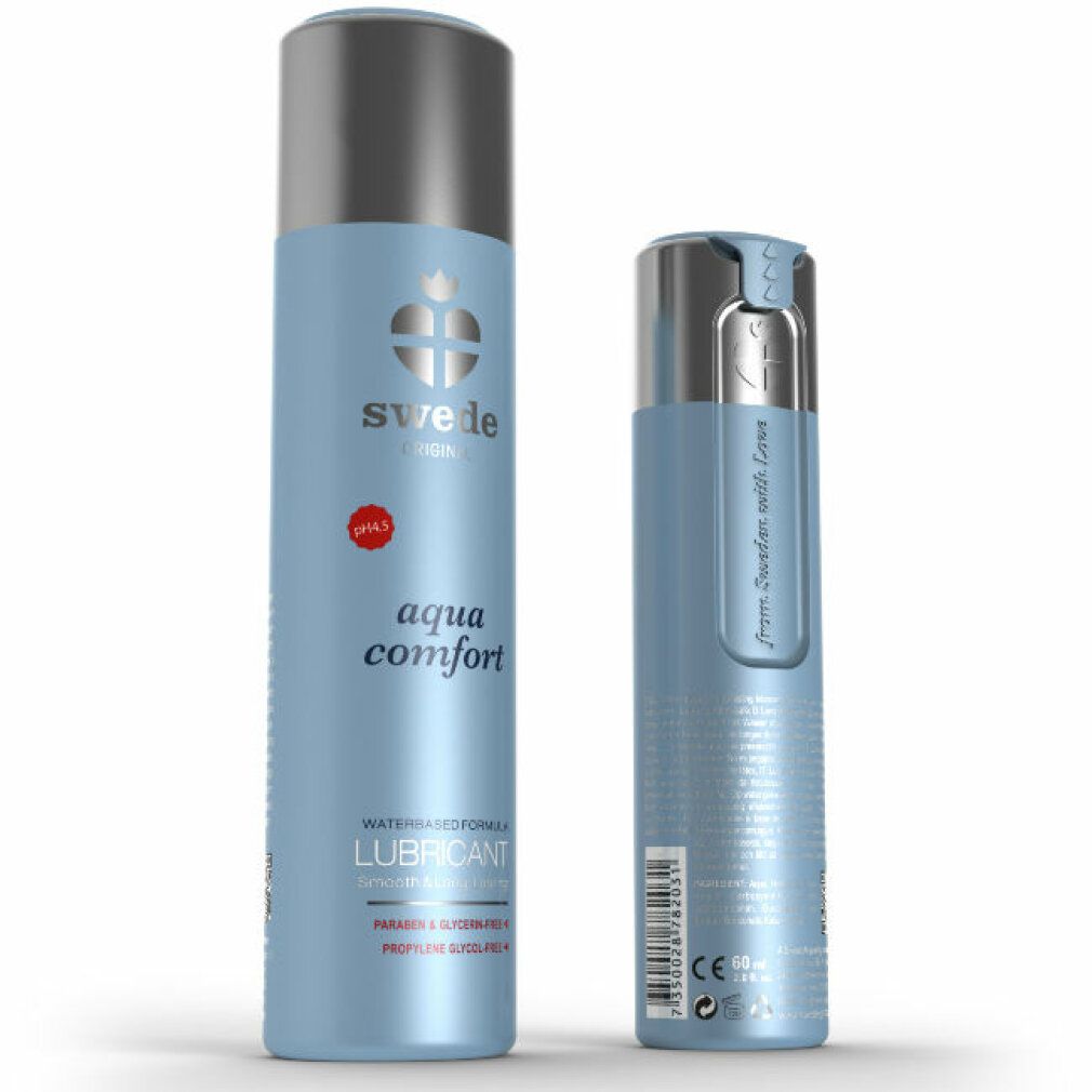 Due flaconi. Uno azzurro con tappo argentato, l'altro più piccolo. Scritta: aqua comfort, LUBRICANT. Marchio Swede.
