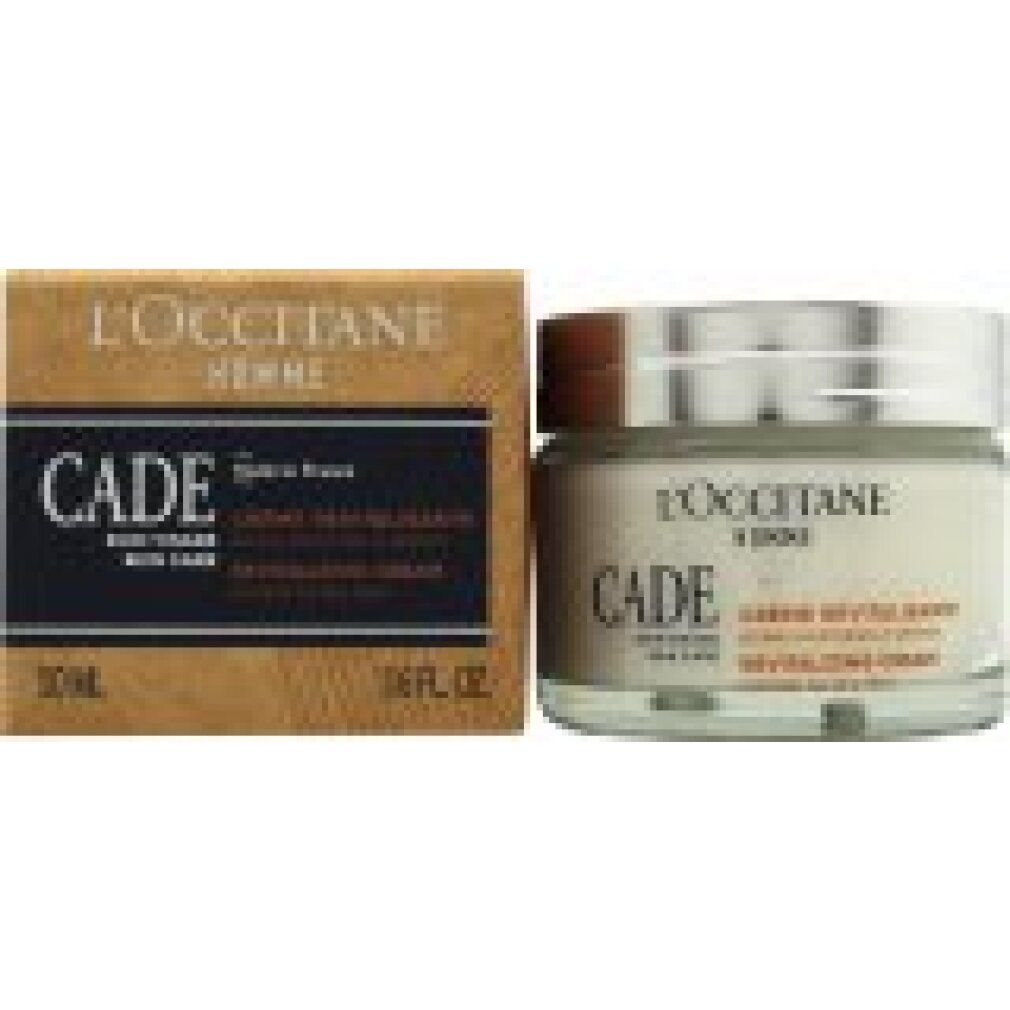 Vaso e scatola di crema. Scritta: L'Occitane Cade, Crème revitalisante, Soin visage, 50 ml, 1.6 fl.oz.
