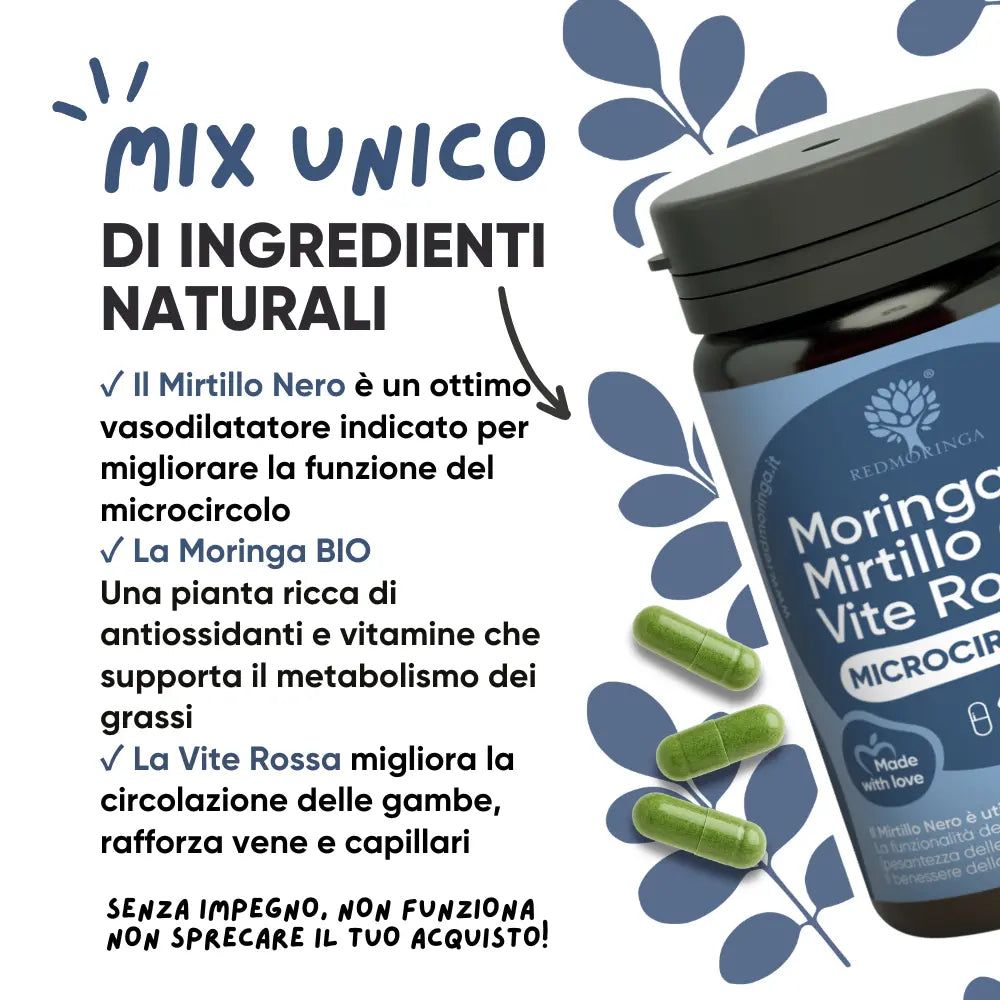 Flacone e capsule verdi. Testo: Mix unico di ingredienti naturali. Contiene Mirtillo Nero, Moringa Bio e La Vite Rossa.