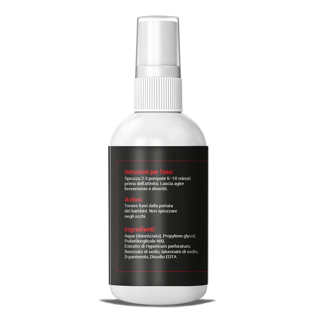 Retro di flacone bianco con etichetta nera. Testo rosso: Istruzioni per l'uso, Avviso, Ingredienti.
