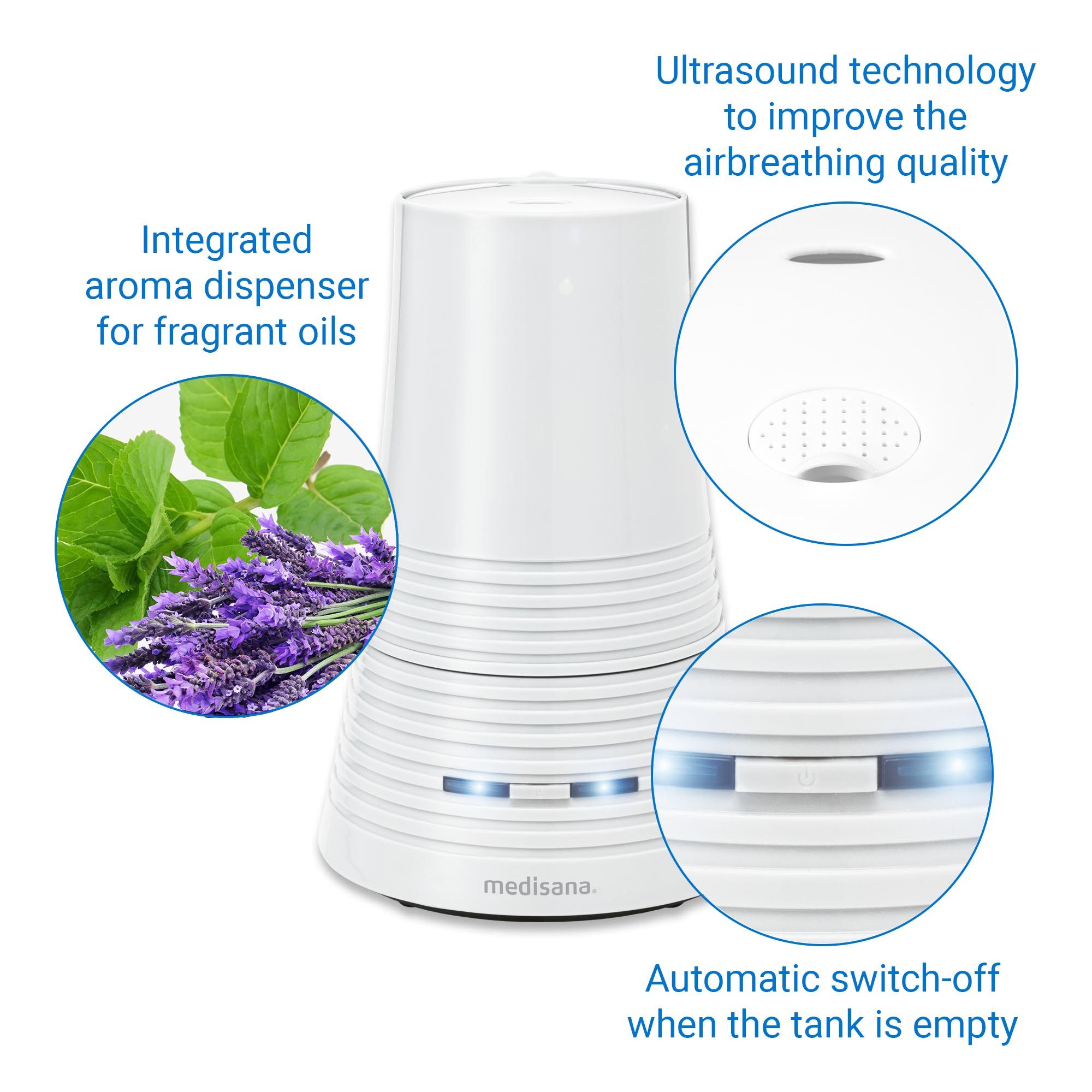 Umidificatore bianco con superficie scanalata. Diffusore di aromi integrato. Luci blu. Scritta "medisana". Lavanda e foglie accanto.