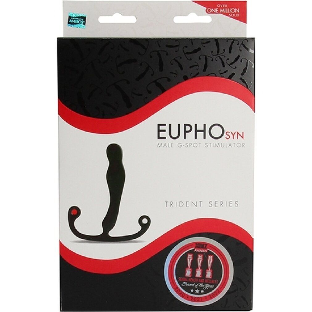 Confezione di un prodotto benessere. Contiene un prodotto nero a forma di T. Scritte: Eupho Syn, Trident Series, Aneros.