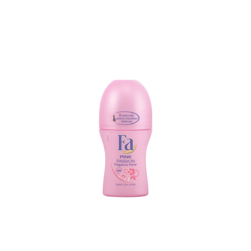 Roll-on deodorante Fa Pink Passion. Flacone rosa con tappo rosa e profumo floreale. Protezione 48h.