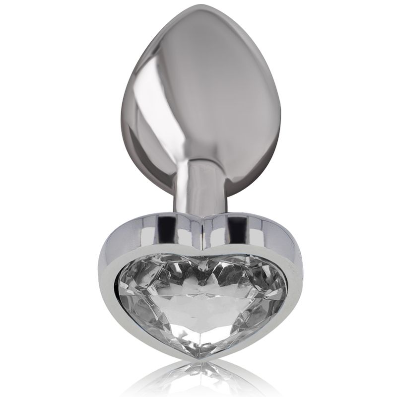 Plug anale in metallo con cuore di cristallo, vista laterale.