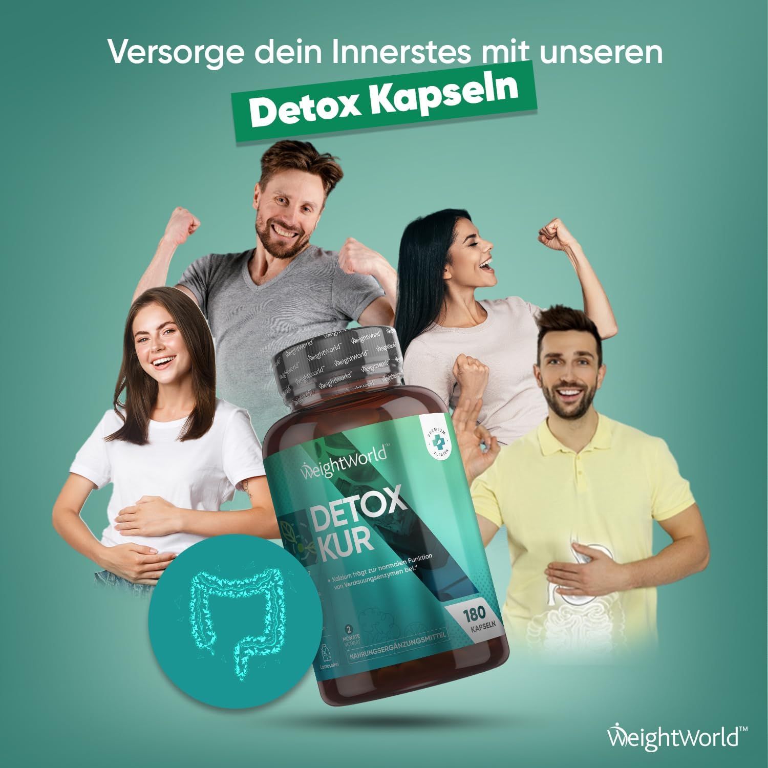 Gruppo di persone con un flacone di capsule Detox. Testo: Prendi cura del tuo interno. Logo WeightWorld.