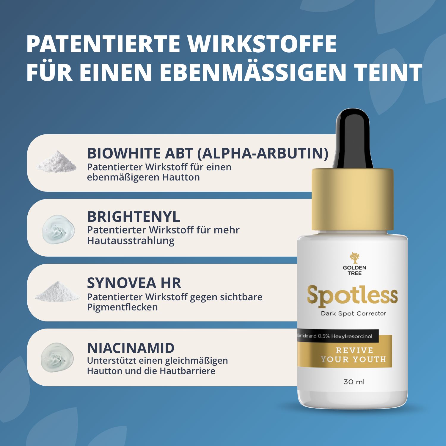 Flacone di siero Golden Tree Spotless con contagocce, accanto a rappresentazioni di ingredienti attivi.