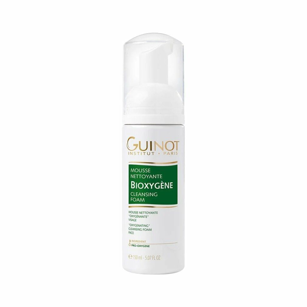 Flacone bianco con etichetta verde. Scritta: Guinot, Mousse Nettoyante Bioxygène, Cleansing Foam. Con erogatore a spruzzo.