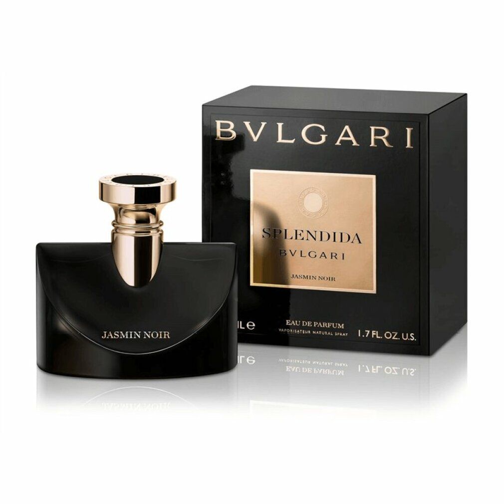 Flacone nero con tappo dorato e confezione nera. Scritta: Jasmin Noir, Bvlgari Splendida. 1.7 FL. OZ. U.S.