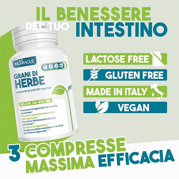 Flacone di prodotto con testo. Testo: "Il benessere del tuo intestino". "Lactose Free". "Gluten Free". "Made in Italy". "Vegan".