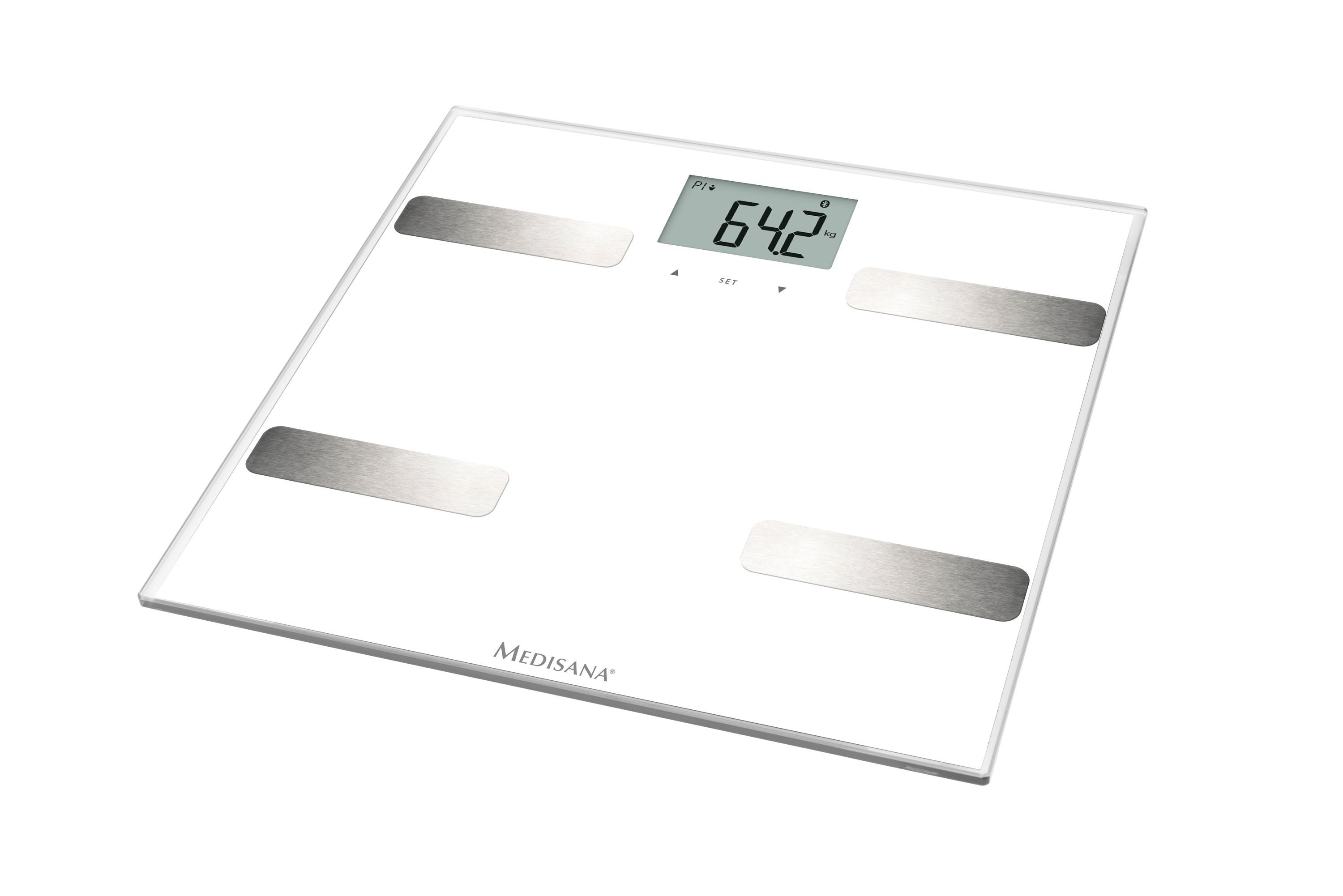 Bilancia analisi corporea bianca con display. Peso: 64,2 kg. Logo Medisana. Quattro superfici metalliche. Vista obliqua.