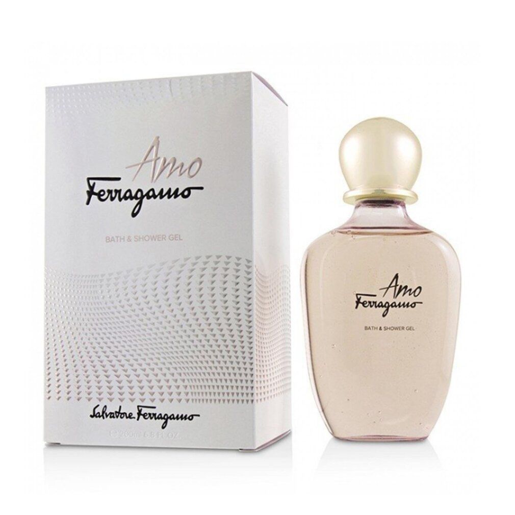 Scatola bianca e flacone. Scritta Amo Ferragamo, Bath & Shower Gel e Salvatore Ferragamo.