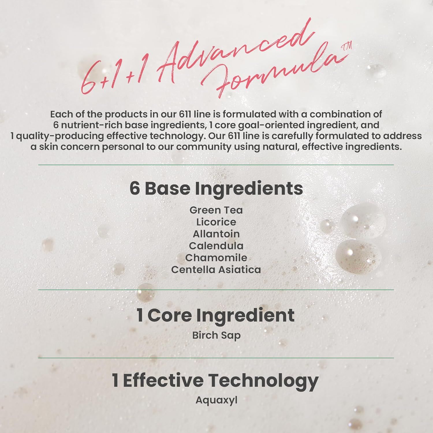 Testo con ingredienti e dettagli della formula. 6 ingredienti base, 1 ingrediente principale, 1 tecnologia efficace.