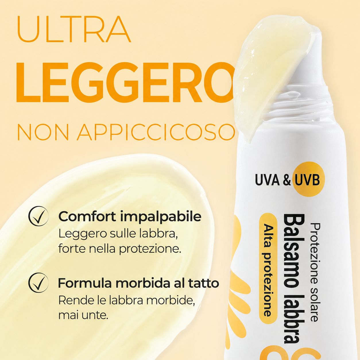 Victoria Beauty Sun Kiss Lip Balm. Tubo con prodotto. Testo: Ultra leggero, non appiccicoso, UVA & UVB, Alta protezione.