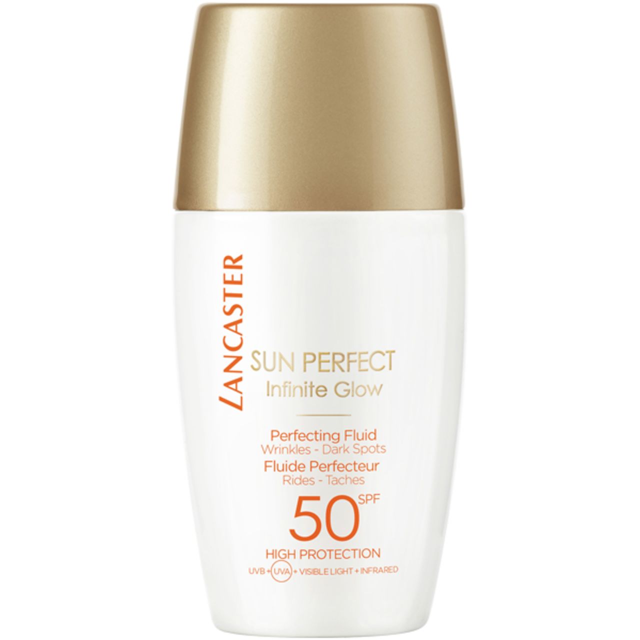 Flacone bianco con tappo dorato. Scritta: Lancaster Sun Perfect Infinite Glow, SPF 50. Prodotto per rughe, macchie.