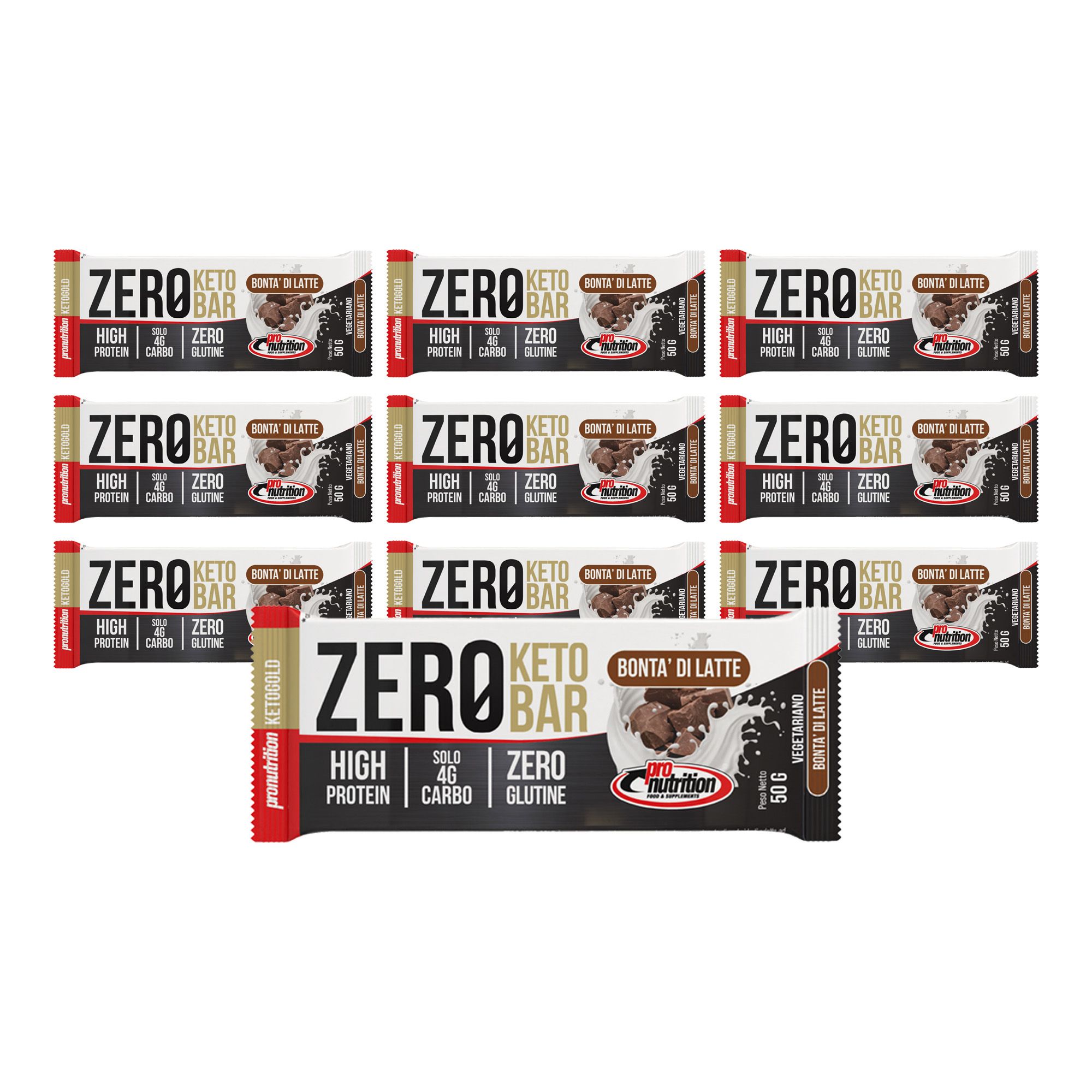 Pronutrition Zero Keto Bar - 10 barrette 50g - Bontà latte - 40% proteine - Senza glutine