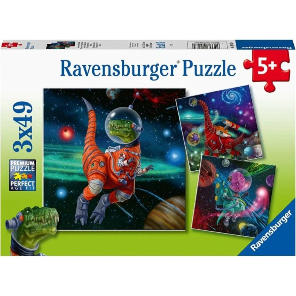 Scatola puzzle 3x49 pezzi. Tema: Dinosauri nello spazio. Marca: Ravensburger. Età consigliata: 5+. Premium Perfect Age Fit.