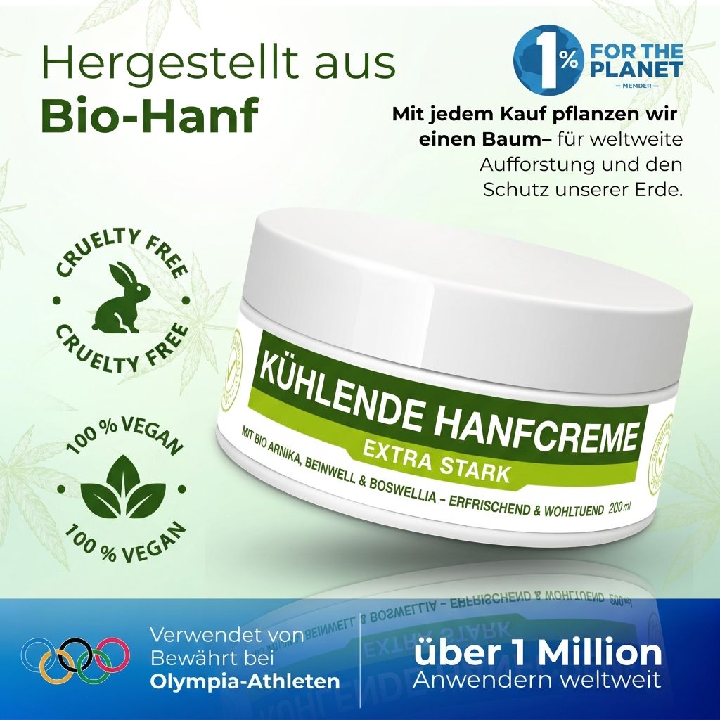 Vasetto bianco con scritta verde: KÜHLENDE HANFCREME. Extra Forte. Loghi: Cruelty Free, 100% Vegan, 1% for the Planet. Oltre 1 milione di utenti.