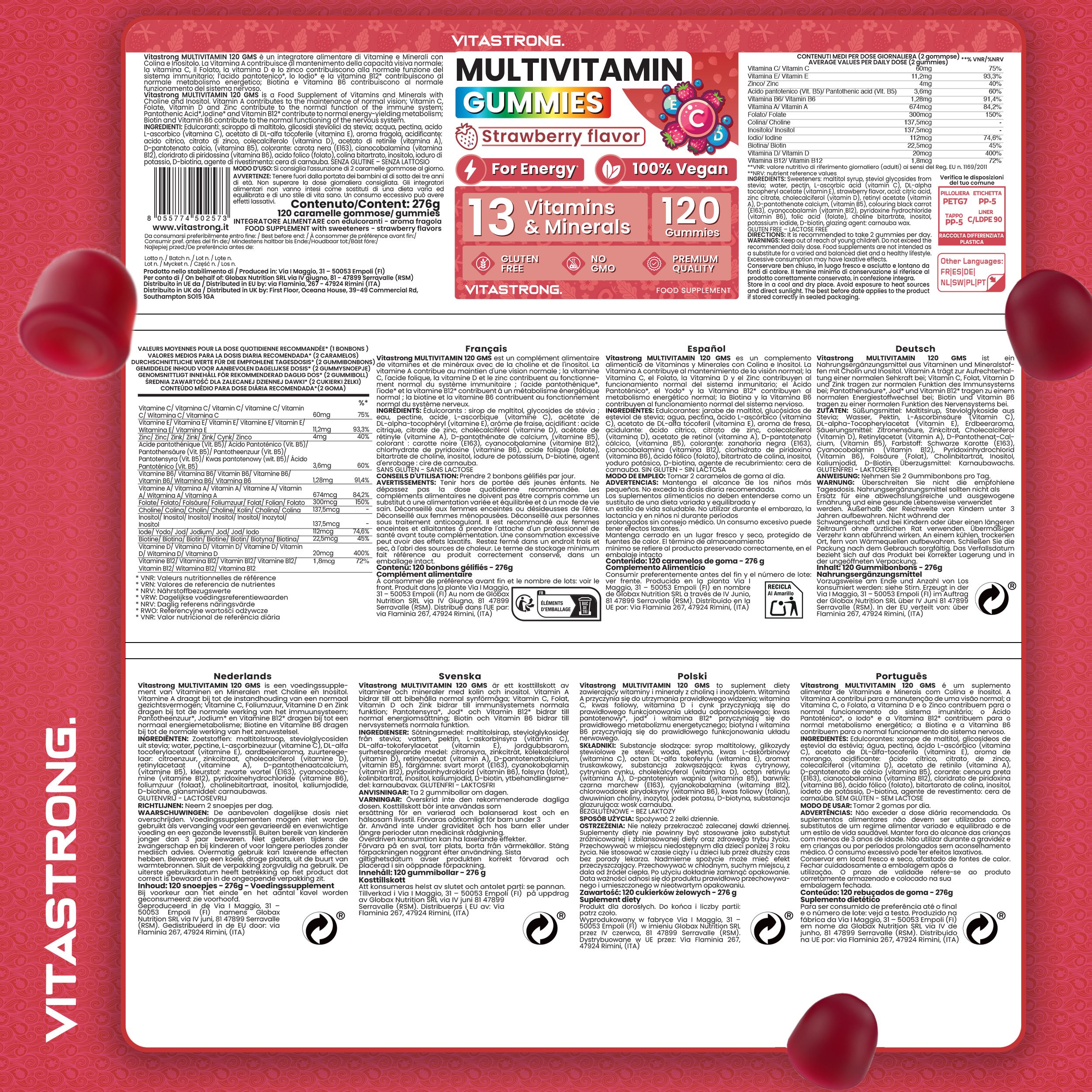 Retro della confezione delle gommose multivitaminiche Vitastrong. Contiene informazioni in diverse lingue, valori nutrizionali e ingredienti.
