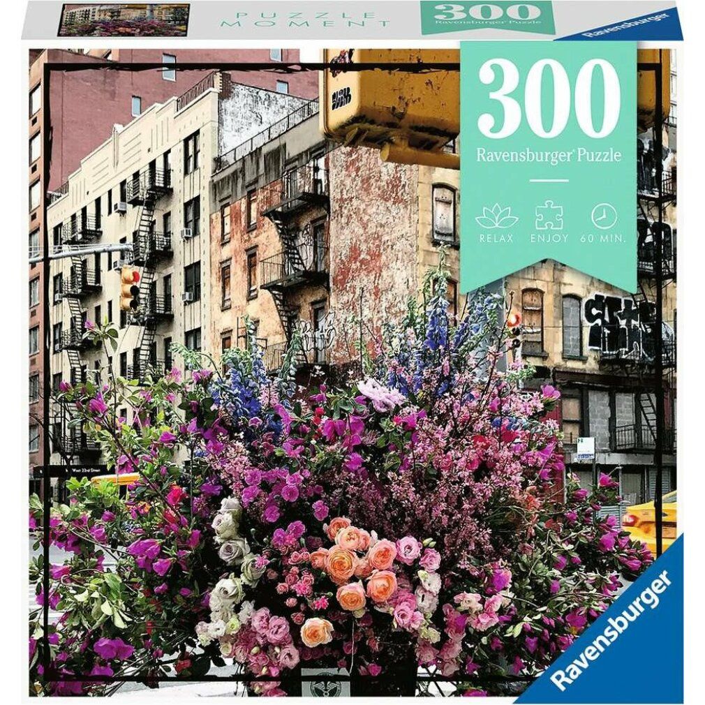 Scatola puzzle Ravensburger da 300 pezzi. Immagine: Fiori a New York. Scritto: Puzzle Moment.