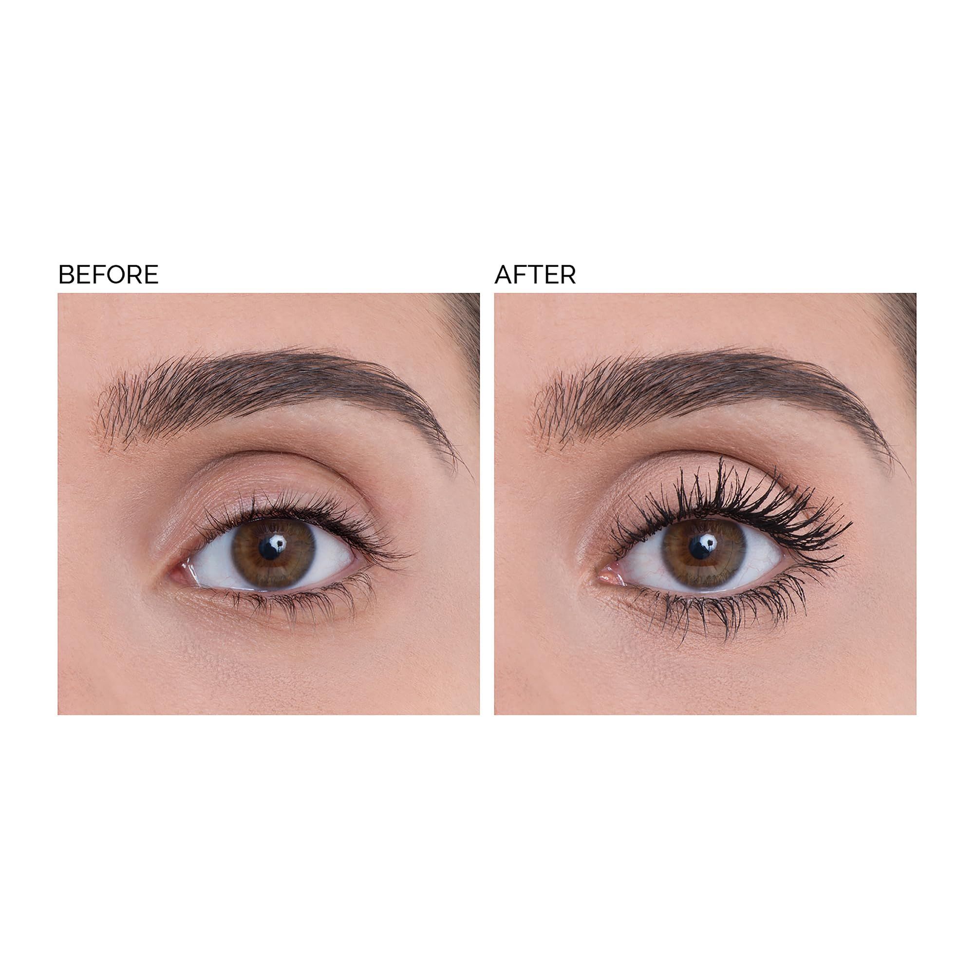 Confronto: occhio prima e dopo l'applicazione del mascara. Sopracciglia e ciglia.