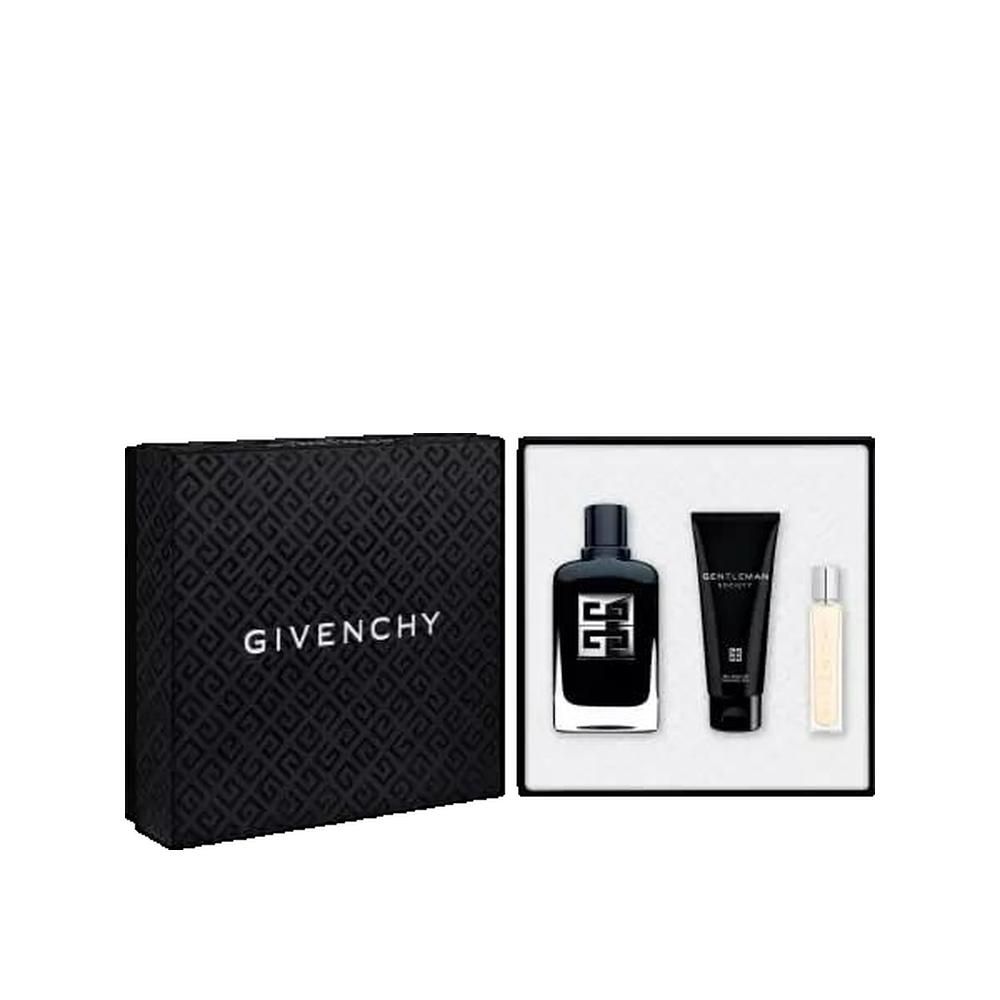 Cofanetto regalo con flacone, gel doccia e vaporizzatore. Scatola nera con logo GIVENCHY. Interno bianco.