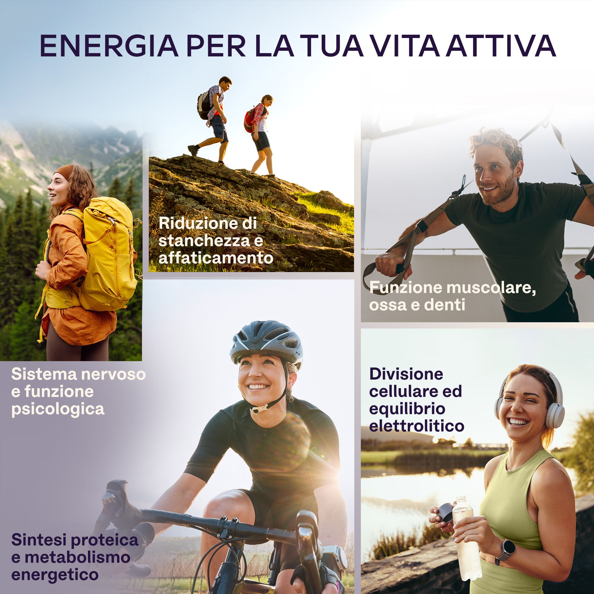 Immagini di persone in movimento. Testo: Energia per la tua vita attiva. Riduce la stanchezza.