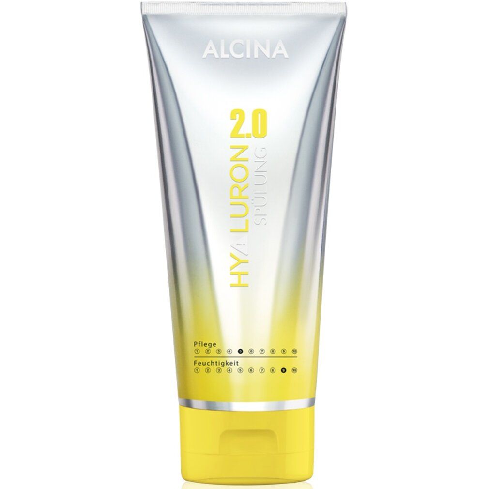 Tubo con tappo giallo. Scritta: Alcina, Hyaluron 2.0 Spülung. Indicatori di cura e idratazione.