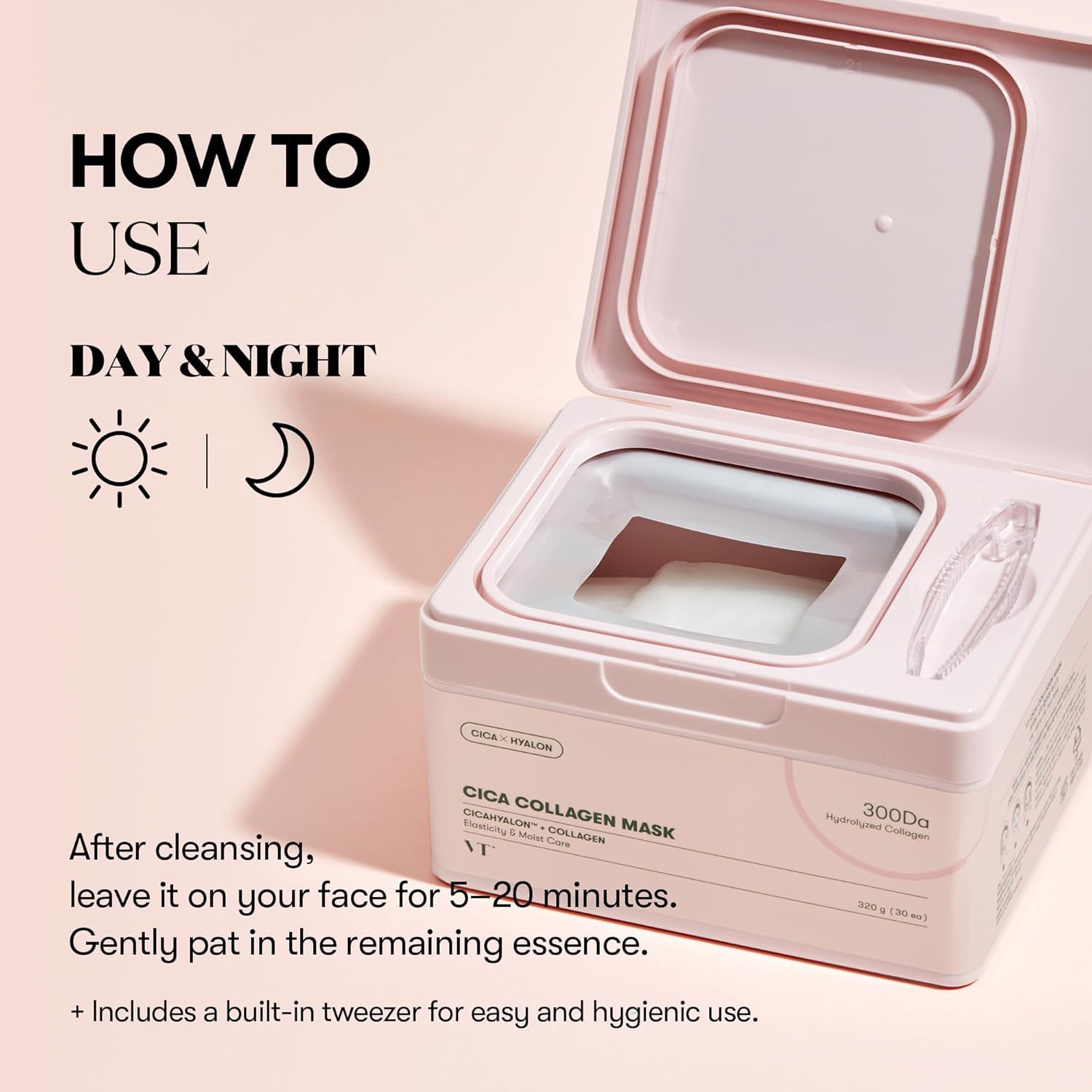 Scatola rosa aperta con maschere. Testo: Cica Collagen Mask, 300Da. Include una pinzetta.