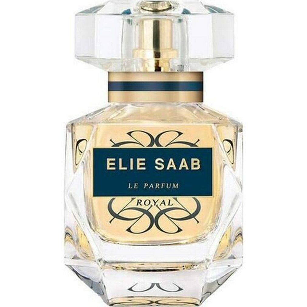 Flacone di profumo con etichetta blu. Scritta: ELIE SAAB, LE PARFUM ROYAL. Tappo trasparente.
