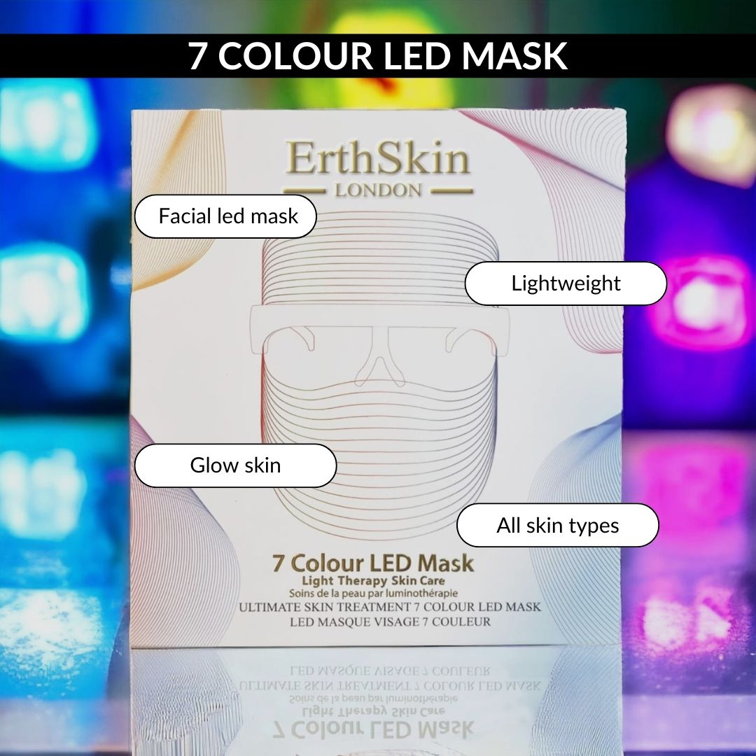 Confezione della maschera LED a 7 colori ErthSkin London, con illustrazioni e didascalie come 'Maschera LED facciale' e 'Leggero'.