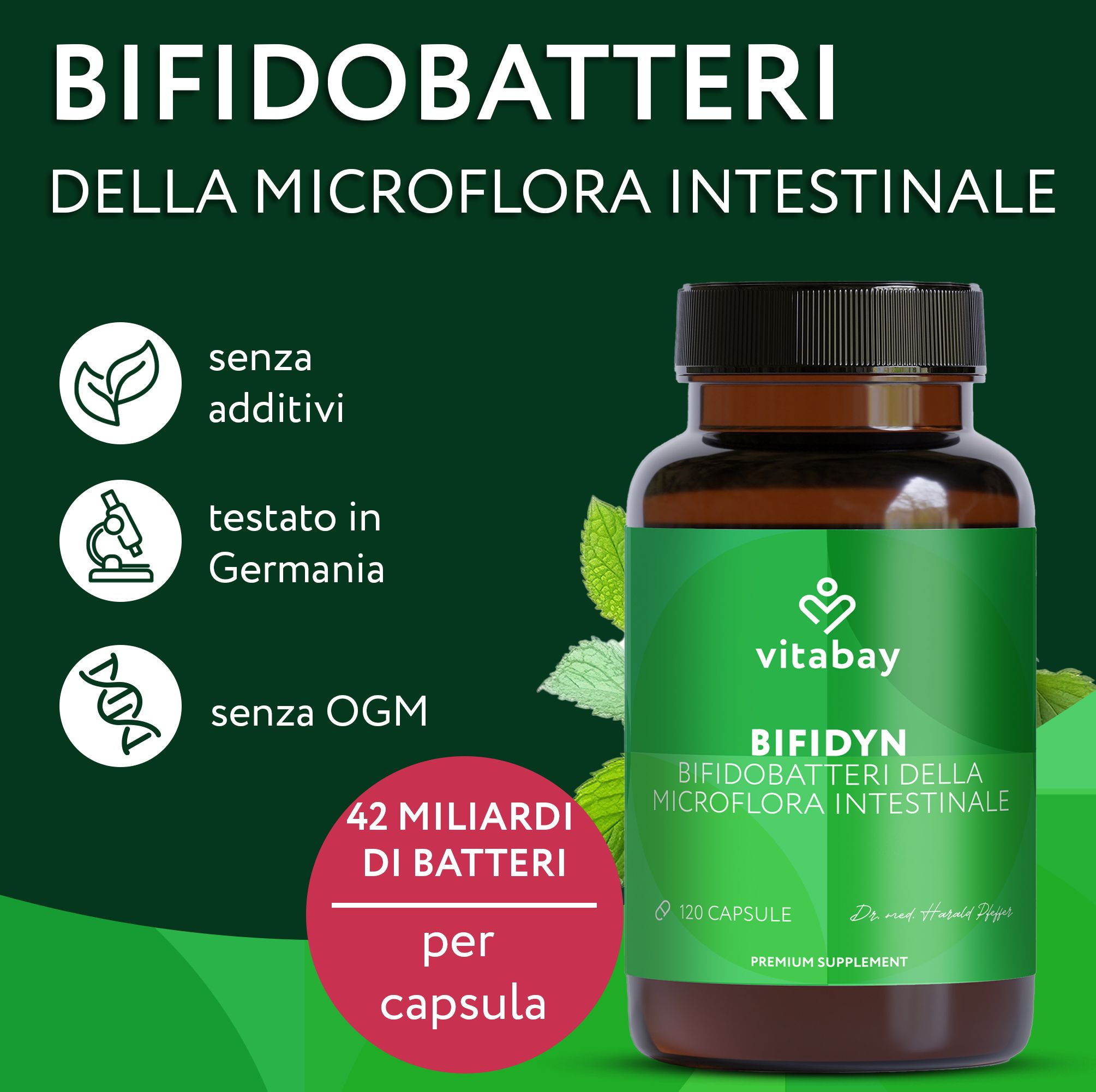 Flacone Vitabay Bifidyn. 42 miliardi di batteri per capsula. Senza additivi, testato in Germania, senza OGM.
