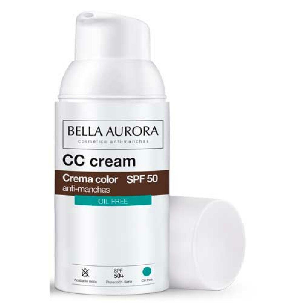 Flacone bianco CC cream SPF 50, tappo accanto. Testo: Bella Aurora, CC cream, oil free.