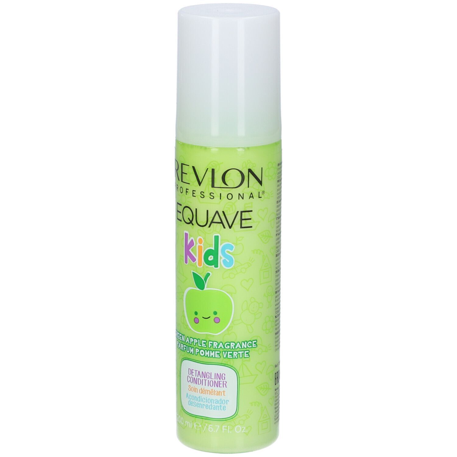 Flacone verde con tappo bianco. Scritta: Revlon Equave Kids Detangling Conditioner. Design mela.