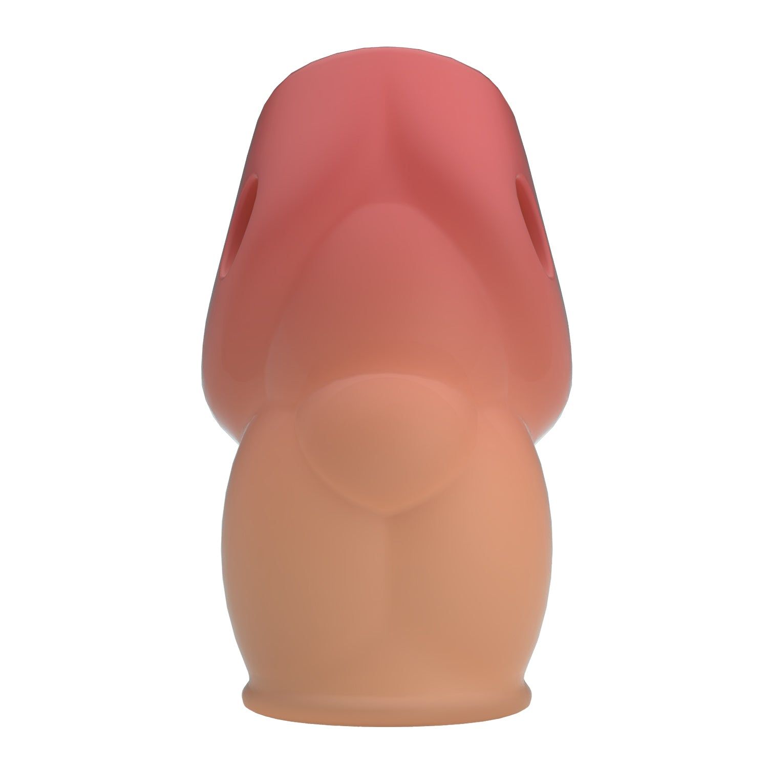 Prodotto cilindrico bicolore con fori. Metà superiore rosa, metà inferiore beige. Vista frontale.