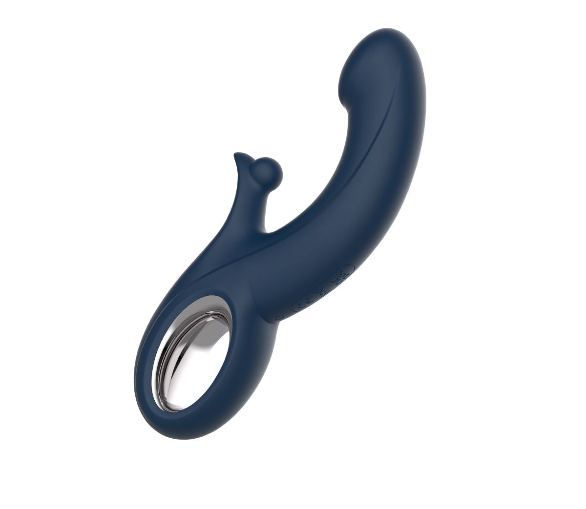 Vibratore blu con forma curva e anello. Con una piccola protuberanza rotonda e una punta allungata.