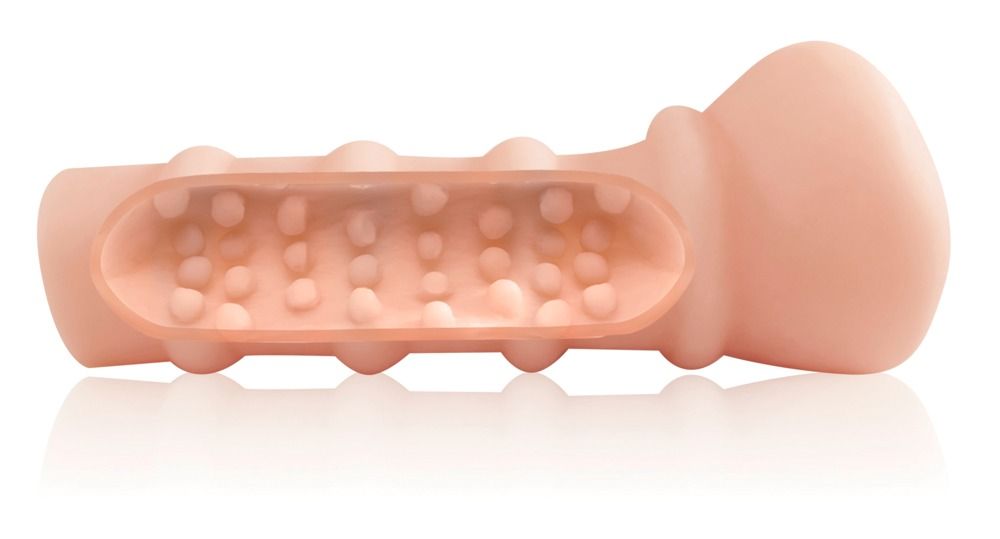 Un anello per pene color carne con bottoni e un manicotto flessibile.