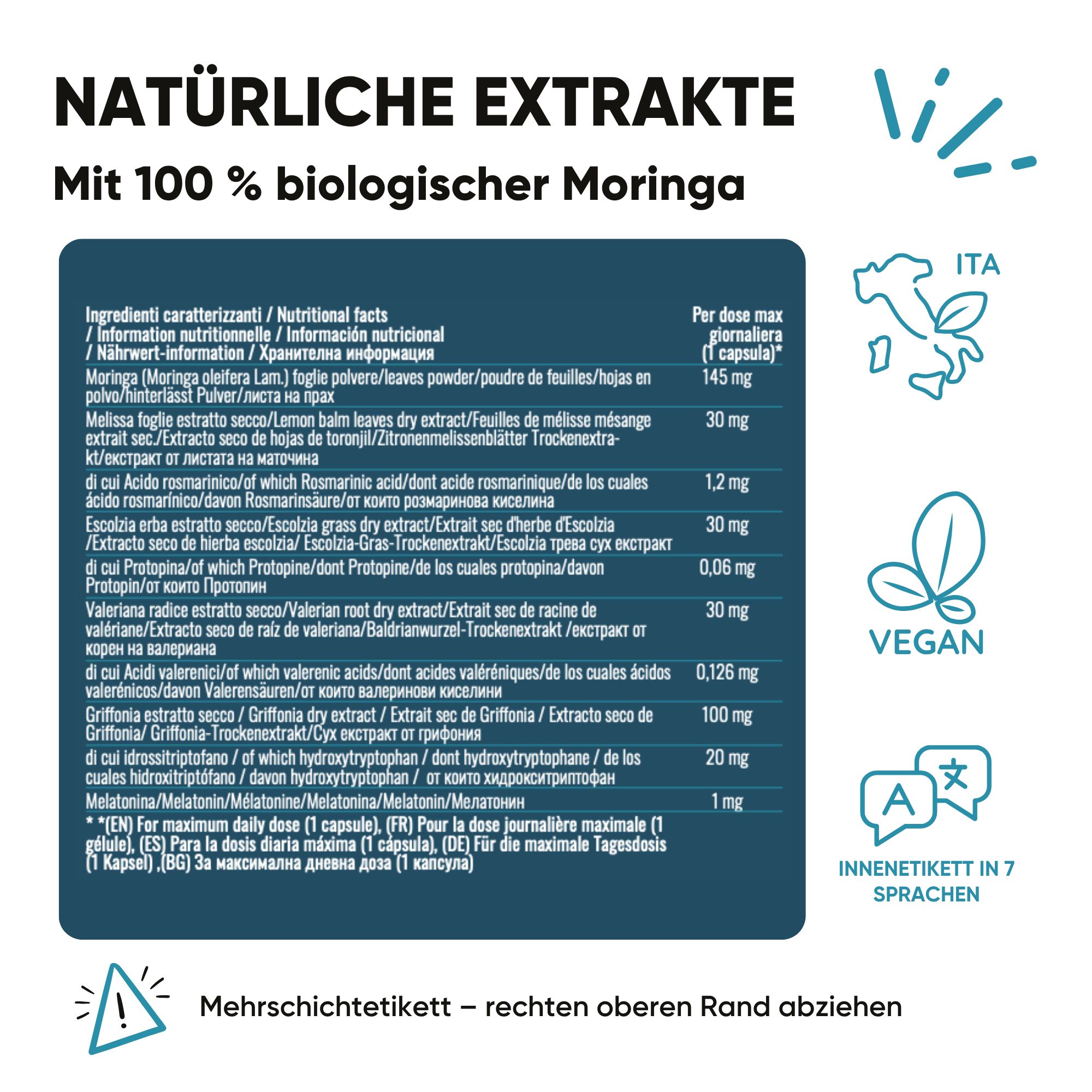 Informazioni nutrizionali e ingredienti di RedMoringa Melatonin. Con 100% Moringa bio. Vegan.