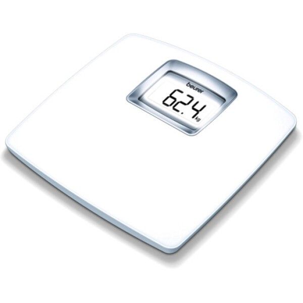 Bilancia bianca con display digitale. Mostra 62,4 kg. Marchio Beurer.