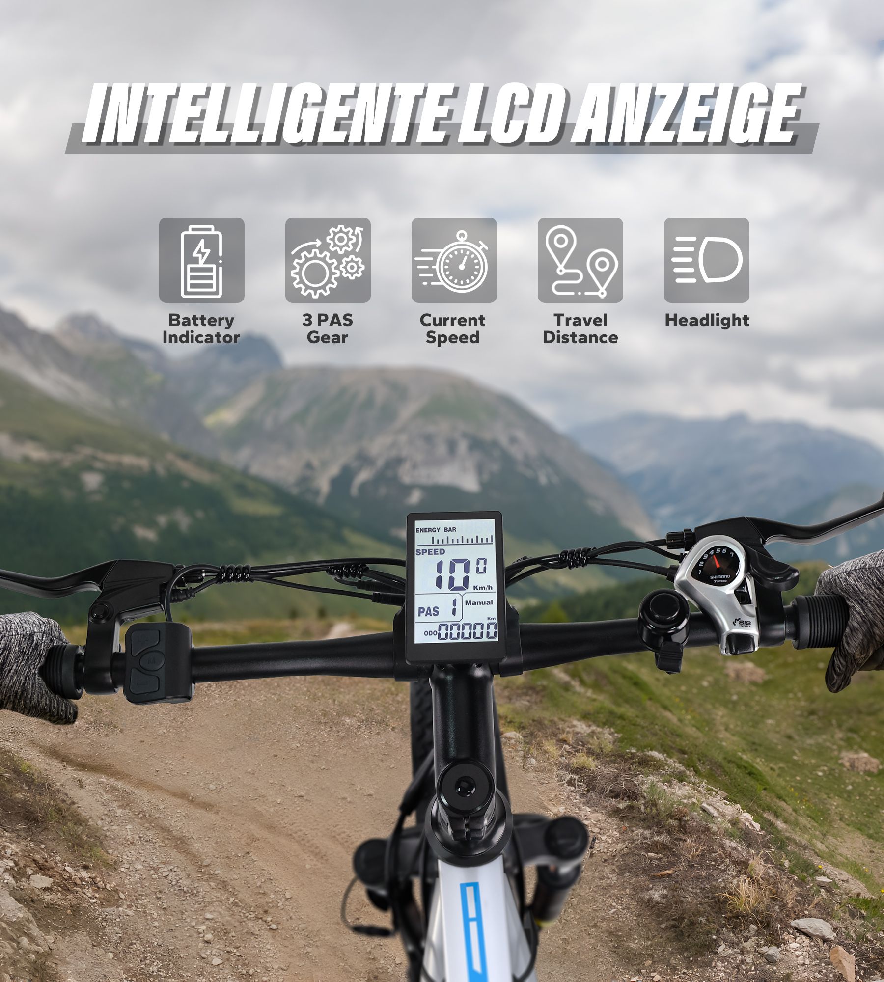 Manubrio e-bike con display LCD intelligente. Indicatore batteria, 3 marce PAS, velocità, distanza, faro.