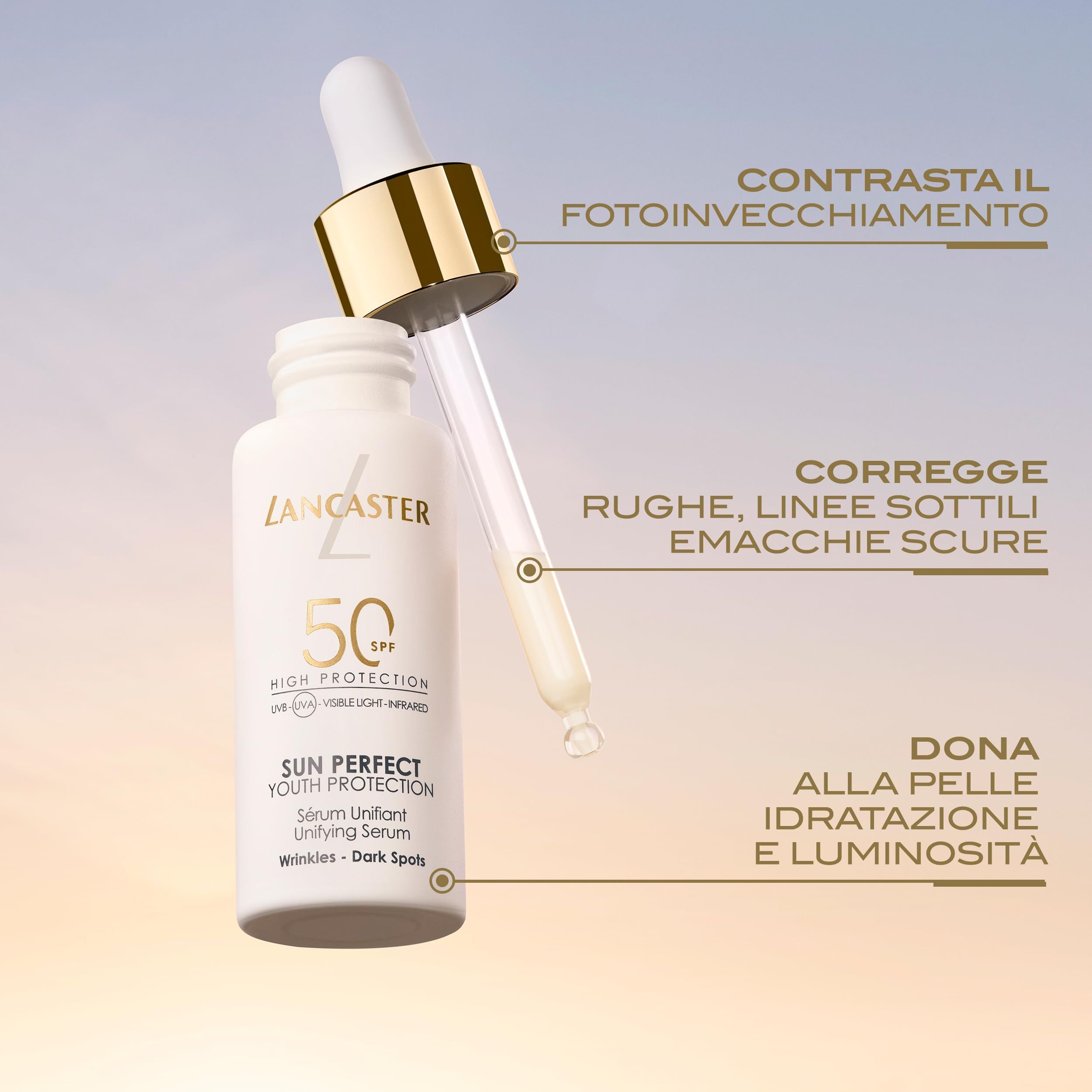 Flacone con pipetta e testo. Flacone con siero e pipetta. Testo: Lancaster, SPF 50, Sun Perfect Youth Protection. Scritte.