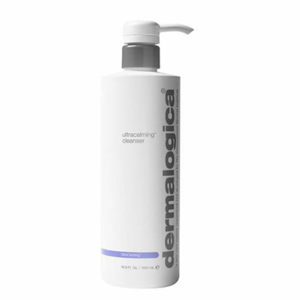 Flacone bianco con dosatore. Scritta: Dermalogica, UltraCalming Cleanser. Striscia viola in basso.